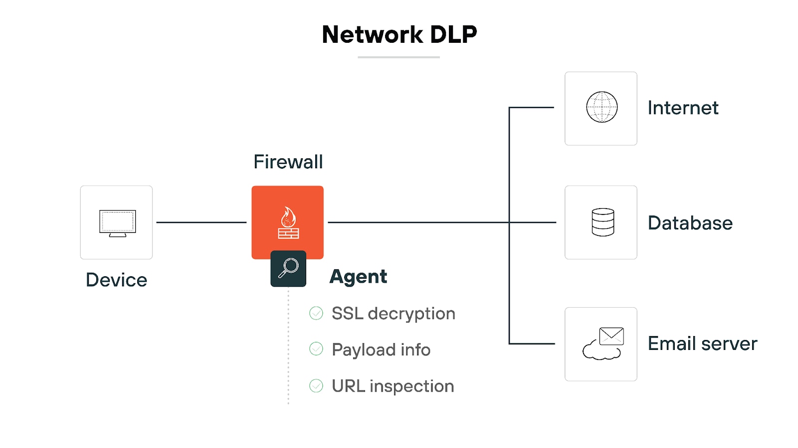 Diagram depicting a network data loss prevention (DLP) system. On the left, there is a device connected to a firewall. An agent associated with the firewall performs SSL decryption, inspects payload information, and conducts URL inspections. On the right, the firewall is connected to three entities: the internet, a database, and an email server.