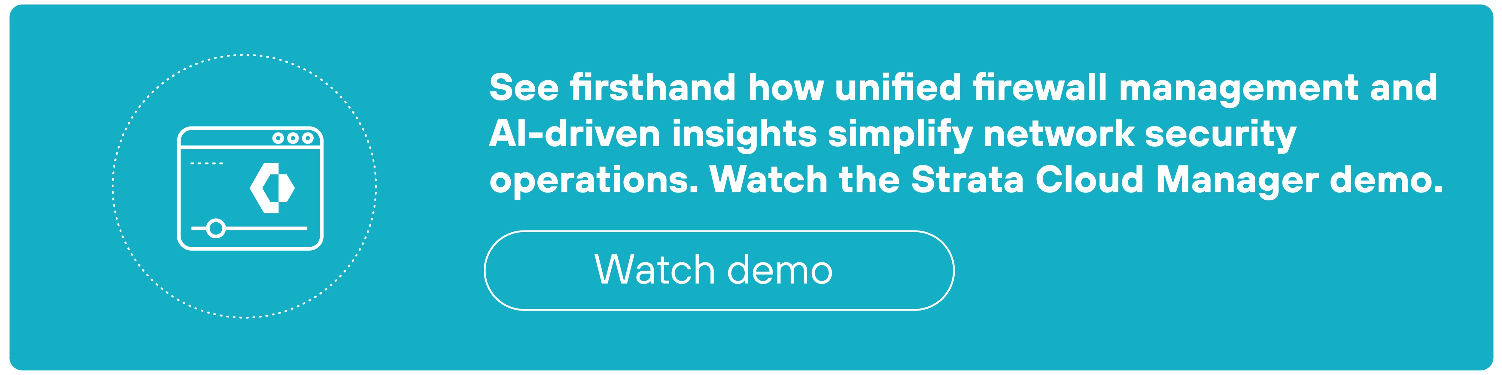 CTA banner featuring a light teal background with a circle graphic containing a book. Text within the banner reads See firsthand how unified firewall management and ai-driven insights simplify network security operations. Watch the Strate Cloud Manager demo.