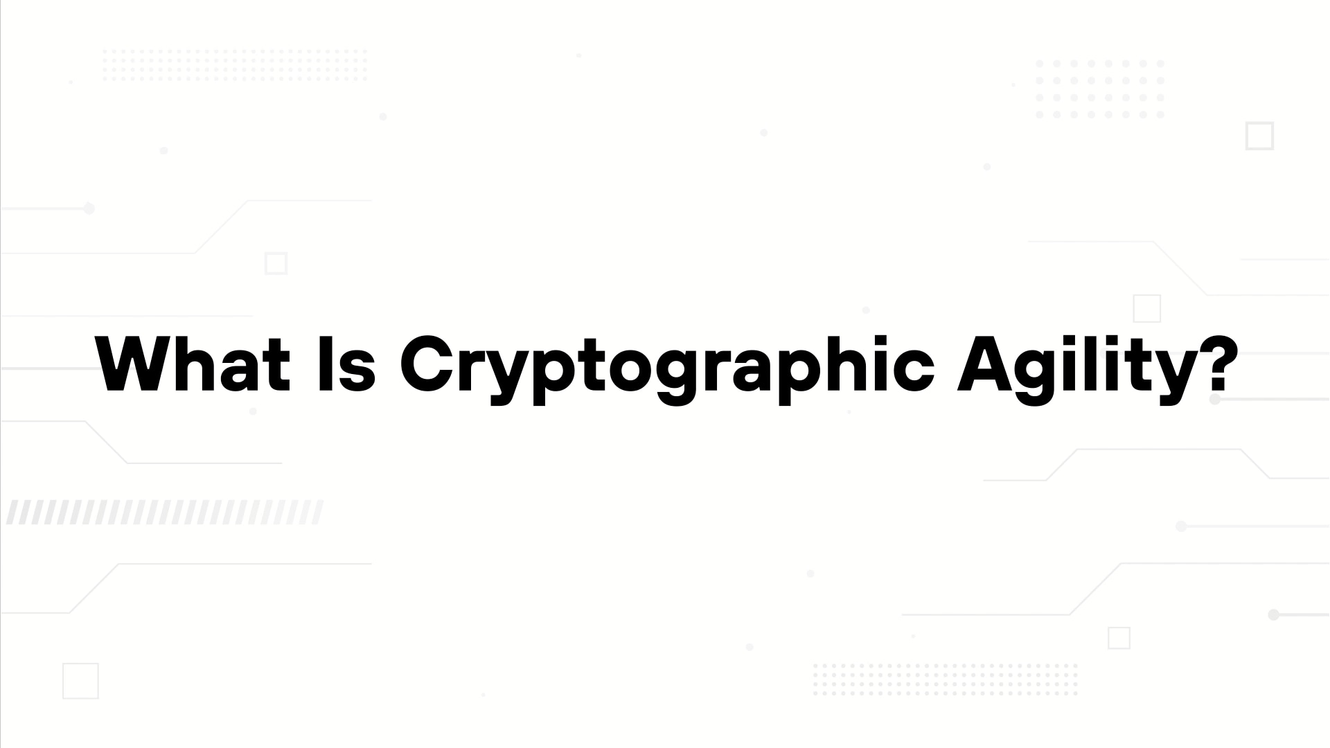 A minimalist presentation slide features a white background with faint, high-tech geometric patterns of lines, dots, and small squares. Large, bold black text in the center reads 'What Is Cryptographic Agility?'.