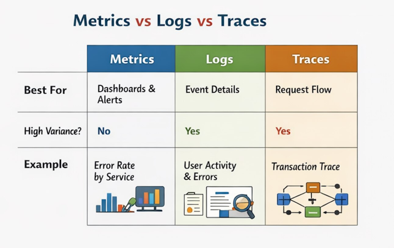Comparison table showing when to use metrics, logs, and traces in observability: metrics for dashboards and alerts, logs for event details, and traces for request flow, highlighting that logs and traces handle high-variance data better than metrics.